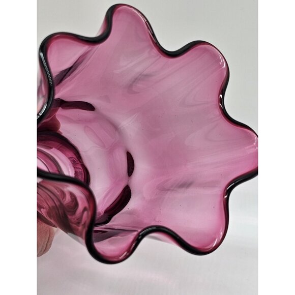 Vintage Handmade Cranberry Glass Thumbprint With Ruffled Rim 8" Tall Vase Boho - Picture 3 of 10